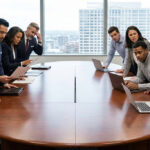 Oval boardroom table with senior executives on one side and middle-management on the other side.