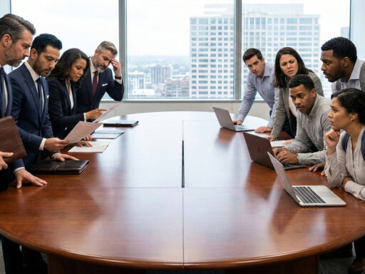 Oval boardroom table with senior executives on one side and middle-management on the other side.