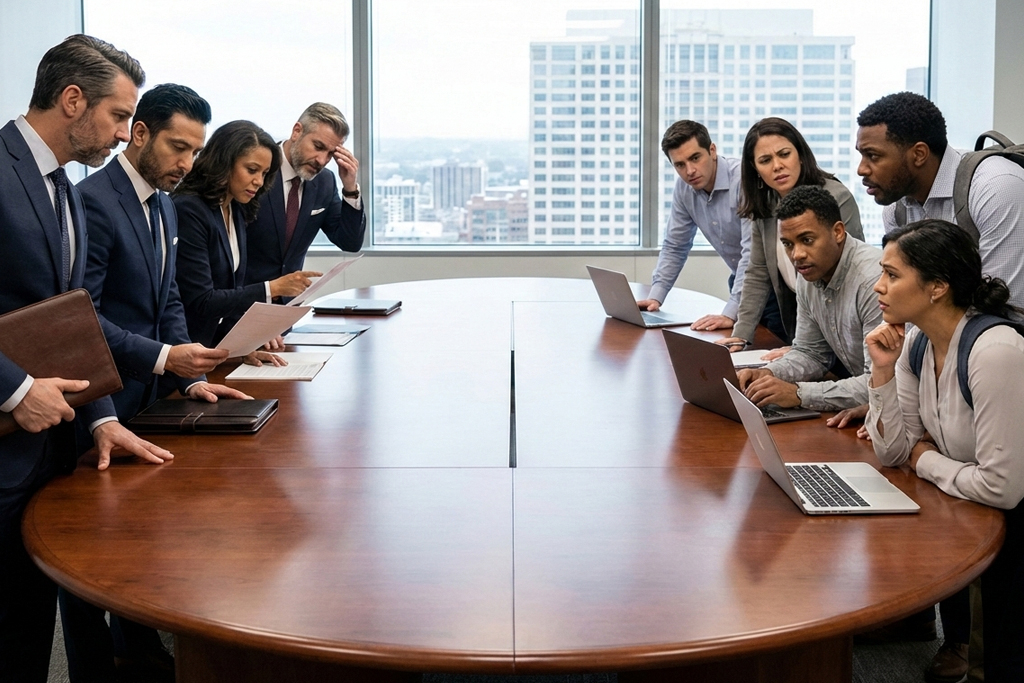 Oval boardroom table with senior executives on one side and middle-management on the other side.
