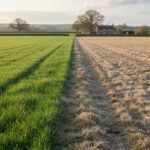 Field located in the English countryside with half green and half brown grass.