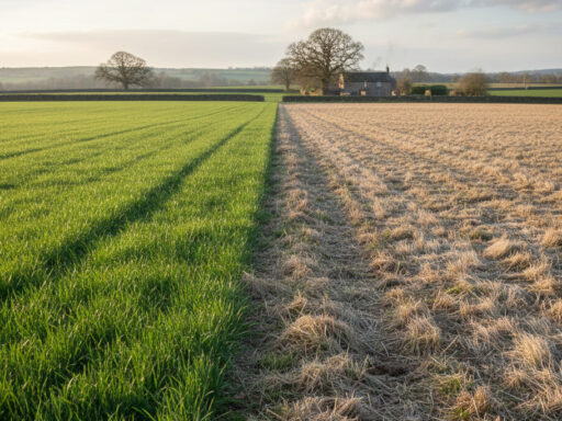 Field located in the English countryside with half green and half brown grass.