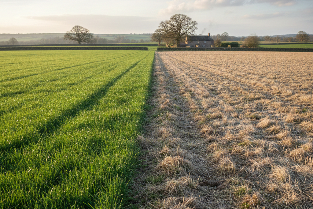 Field located in the English countryside with half green and half brown grass.